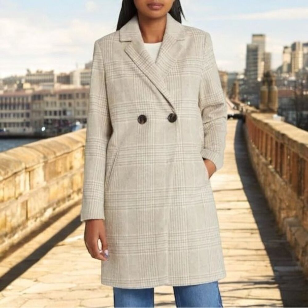 NEW Sam Edelman Double Breasted‎ Windowpane Plaid Coat Holiday Chic Old Money S